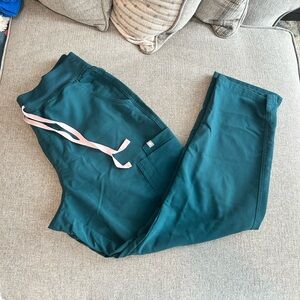 High Waisted Yola Skinny Scrub Pants™ LP in Caribbean blue with pink drawstring